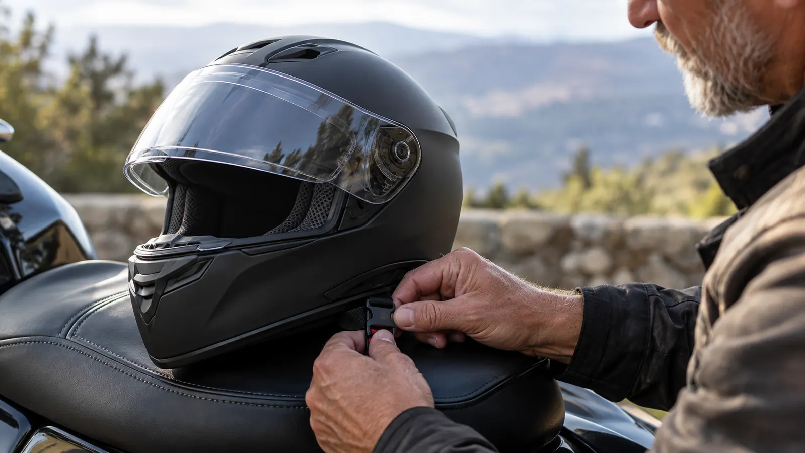 A rider's gloved hand adjusting the chin strap of a full-face helmet before a ride