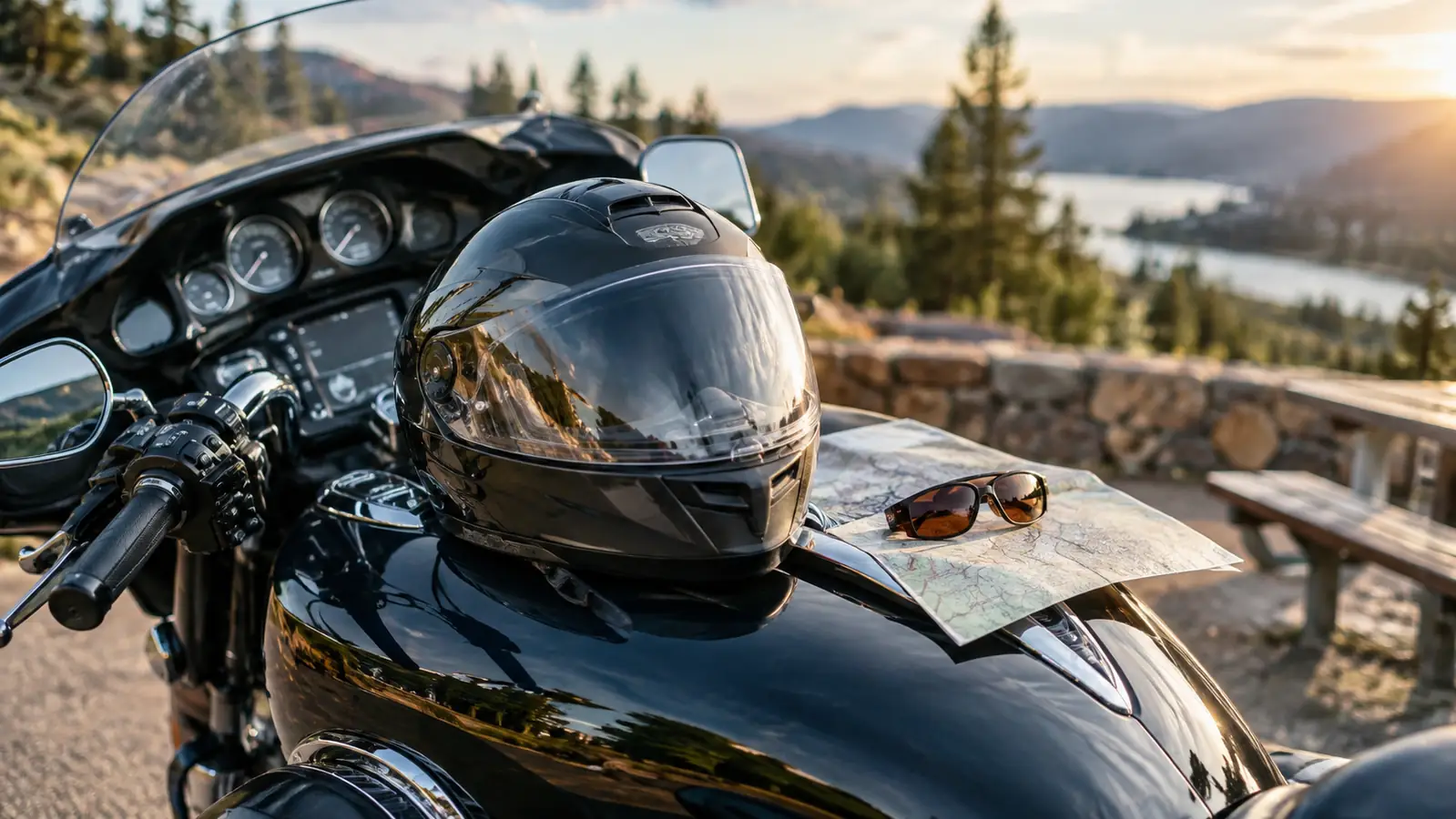 A full-face helmet resting on a motorcycle tank beside a map and sunglasses at a rest stop