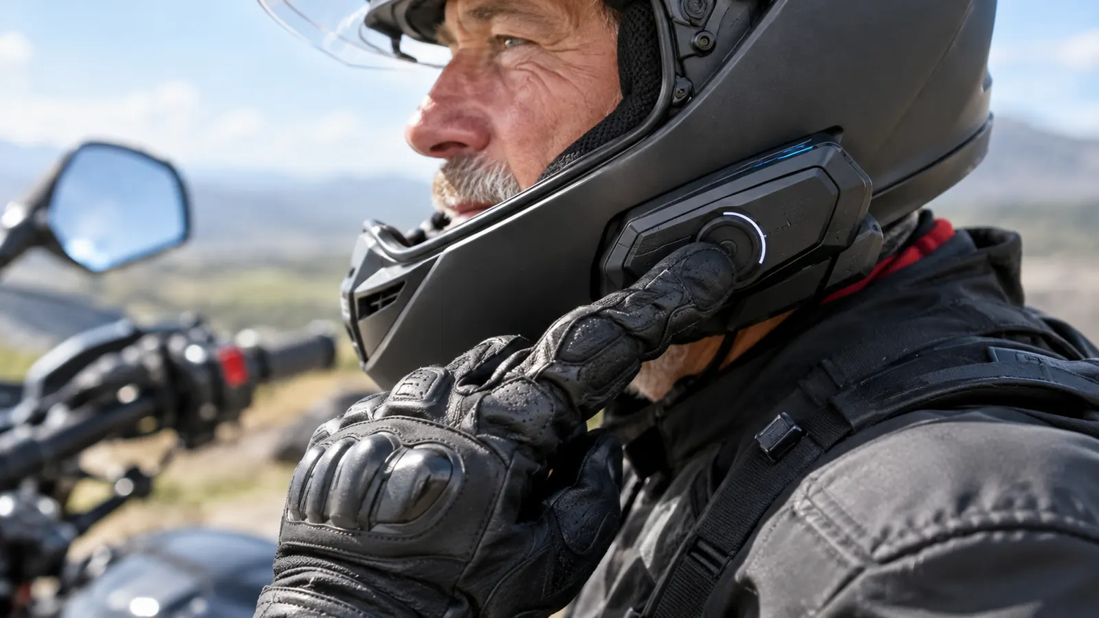 A rider's gloved hand pressing a button on a helmet communicator mounted on the side of a full-face helmet