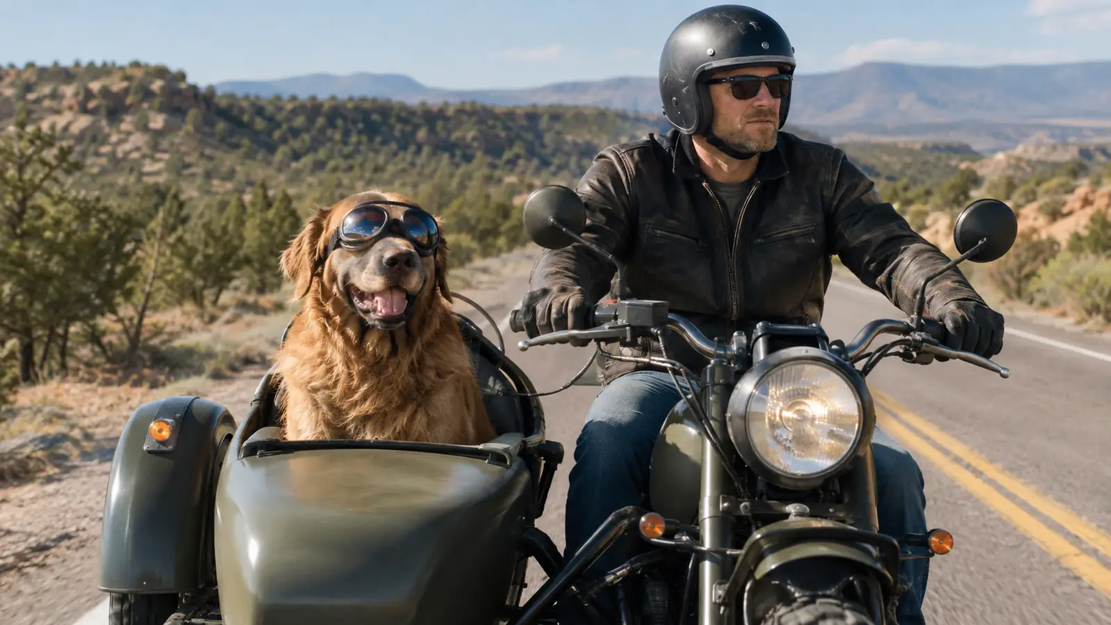 A large dog riding in a sidecar attached to a motorcycle, wearing goggles, on a two-lane highway through high desert