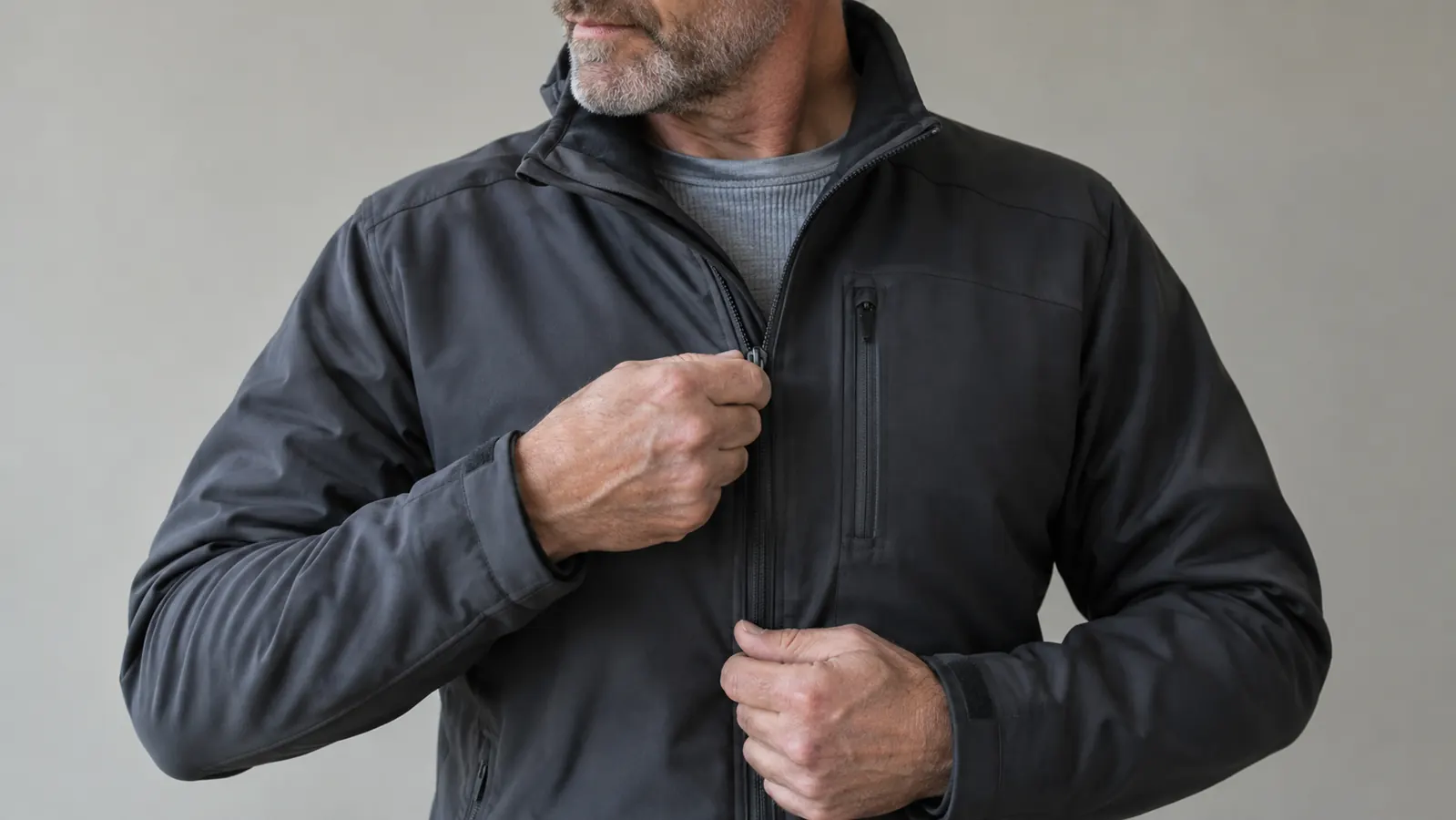 Close-up of a rider zipping a textile motorcycle jacket over a base layer before a morning ride