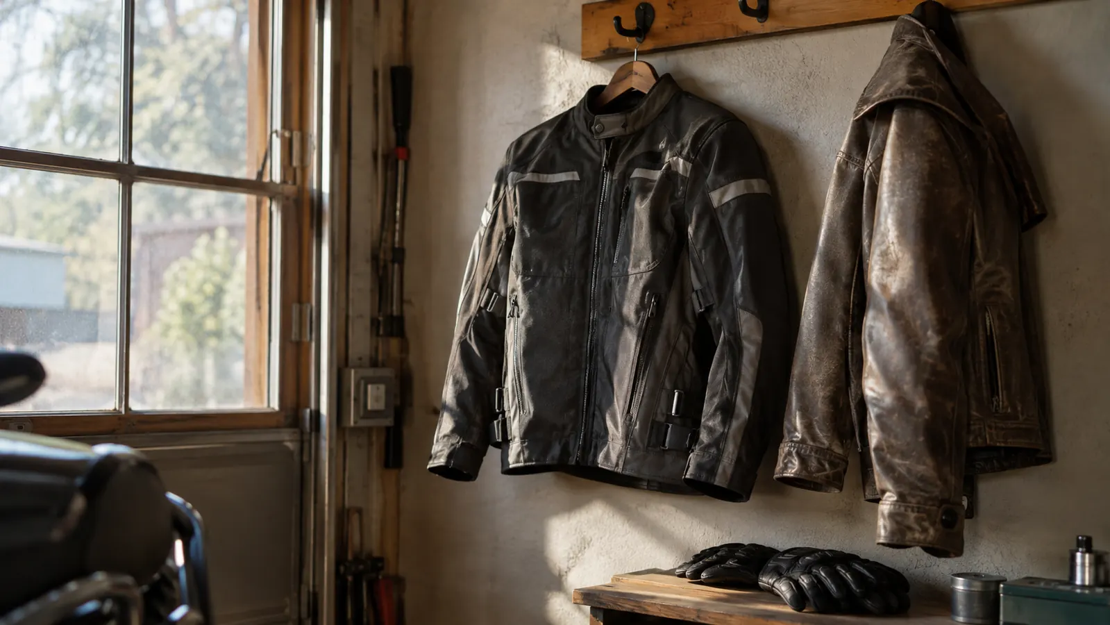 A textile motorcycle jacket hanging on a garage hook next to a leather jacket, with riding gloves on a shelf below