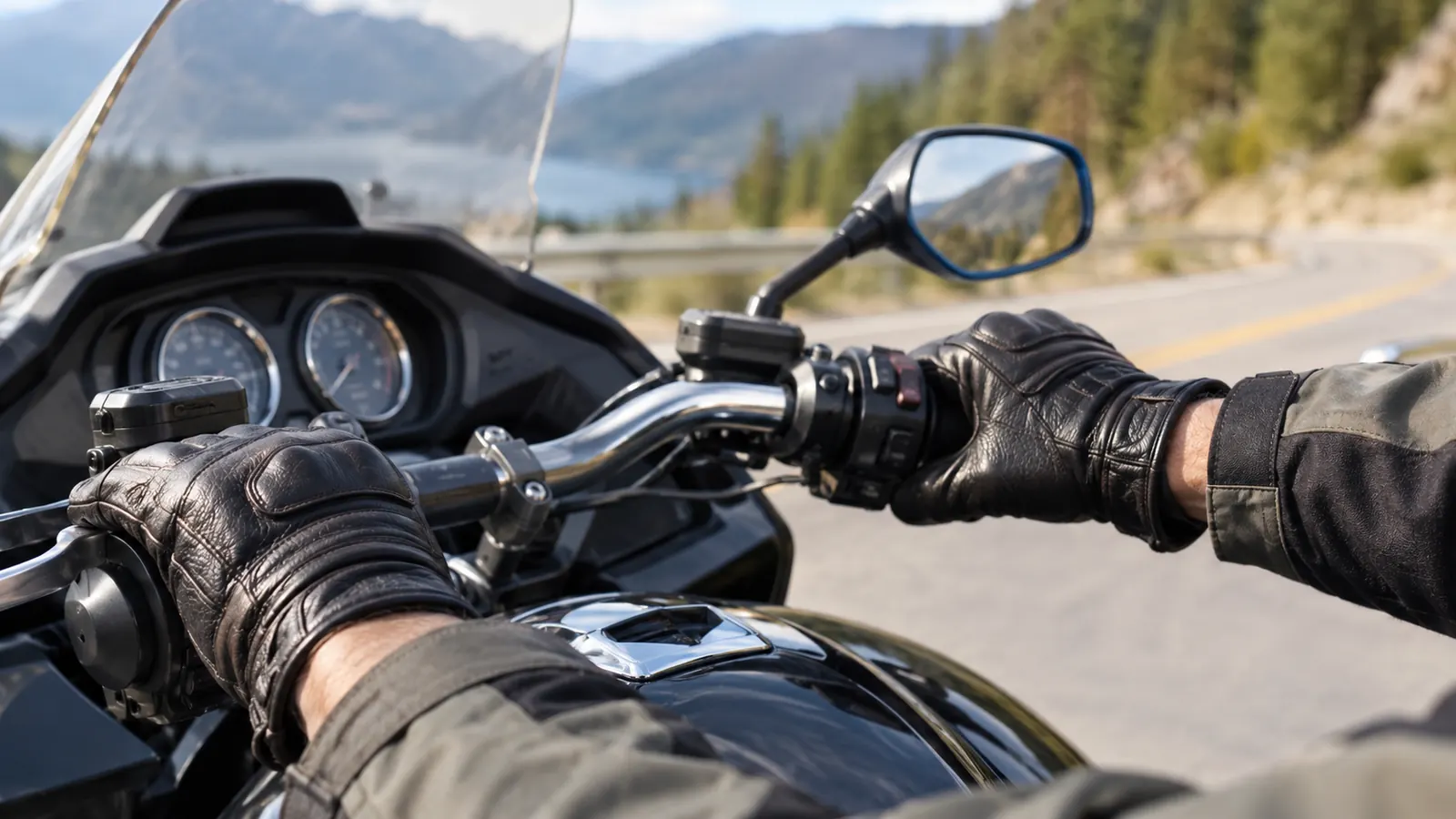 Close view of a rider's hands in leather riding gloves resting on the handlebars of a touring motorcycle