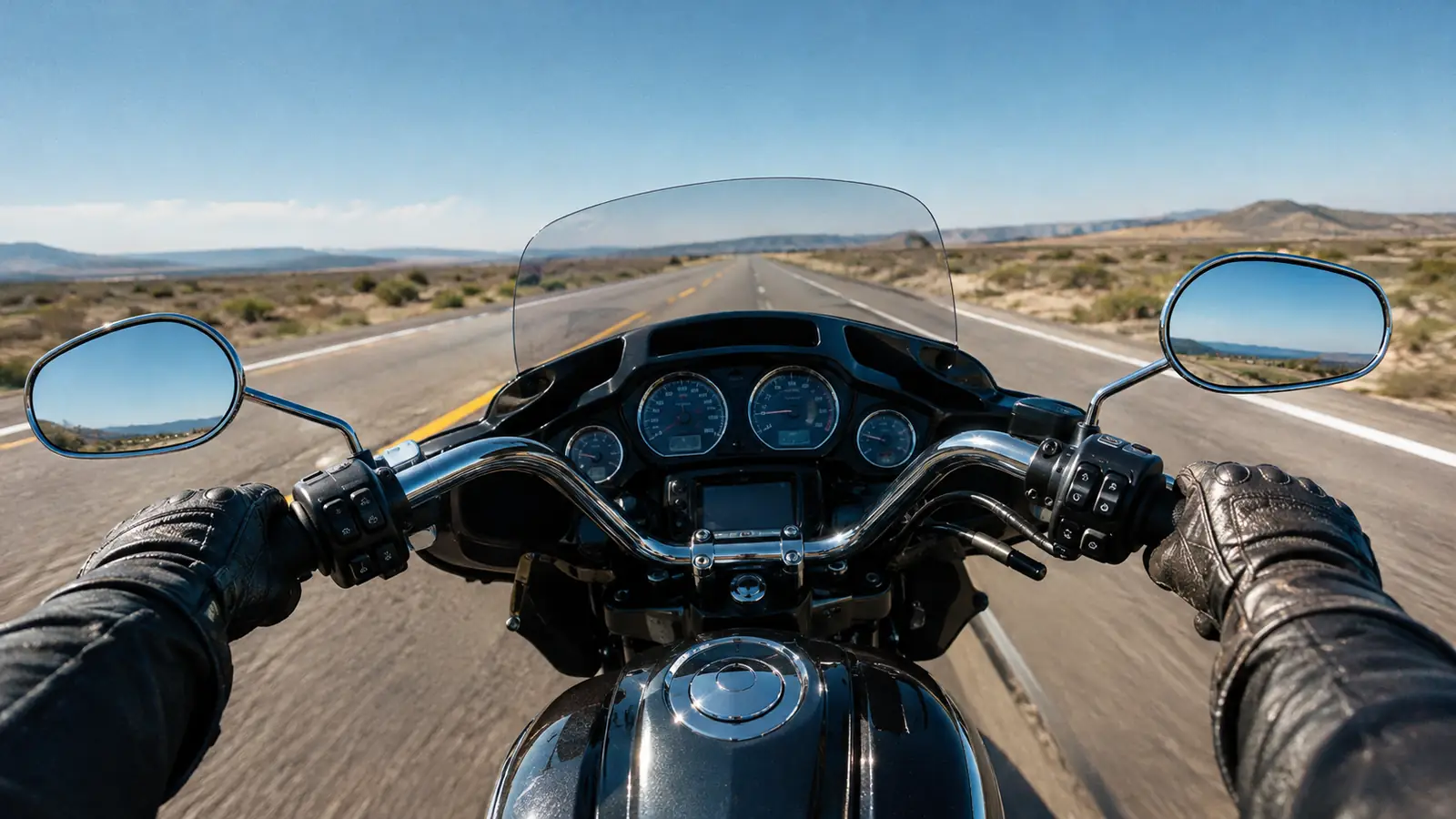 A rider in leather riding gloves gripping the handlebar of a touring motorcycle on an open highway