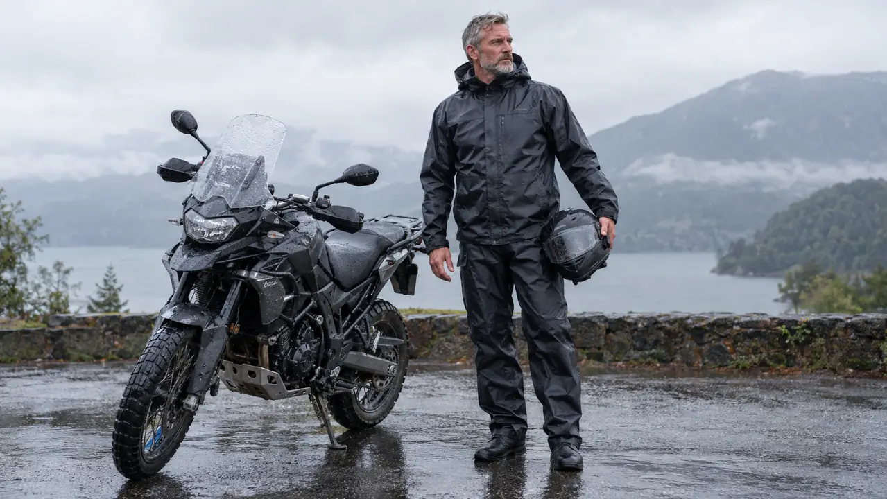 A rider in a rain suit standing next to a motorcycle in light rain