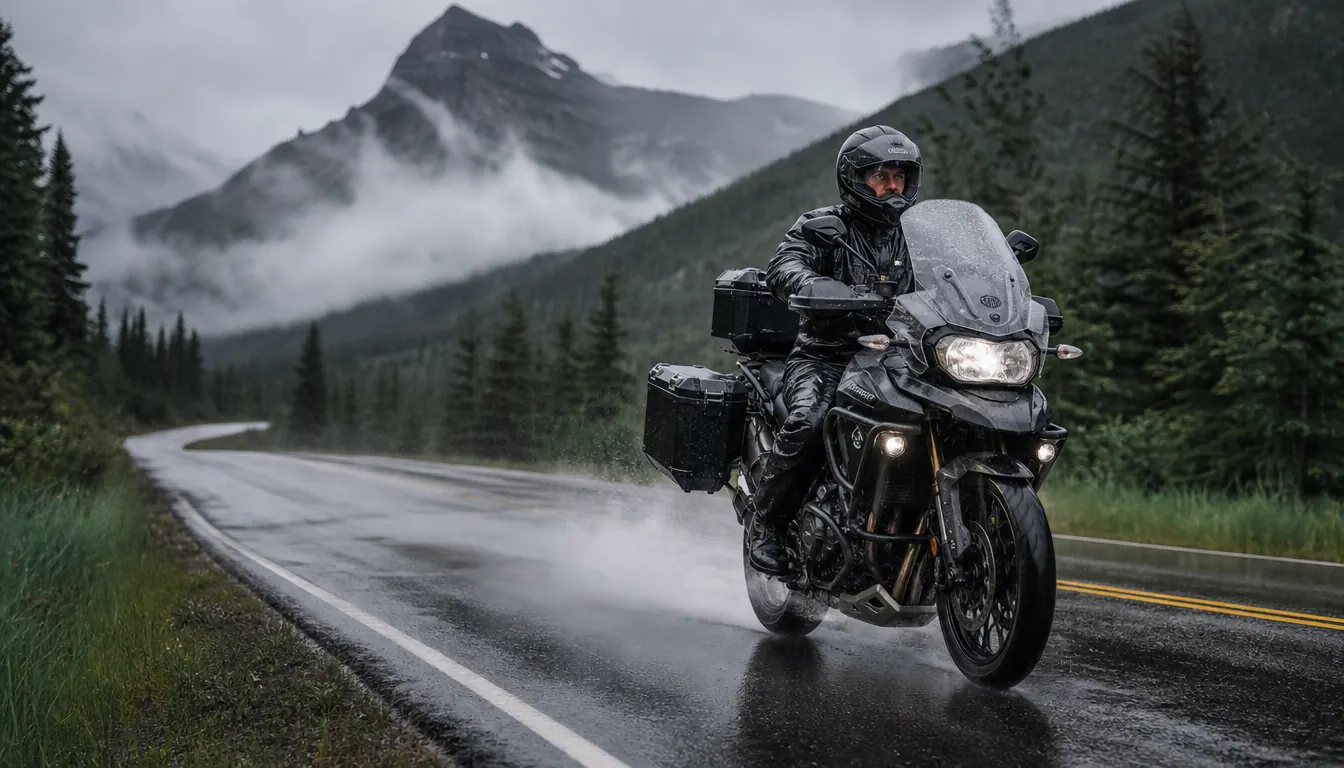 A rider in a rain suit riding a motorcycle on a wet highway with mountains behind