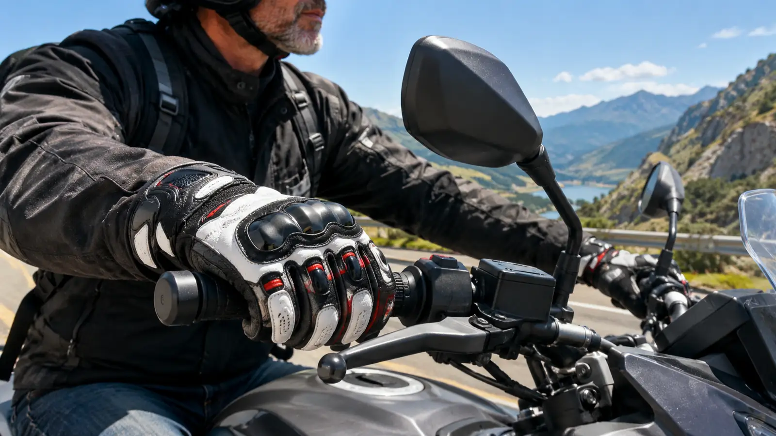 A rider's hand in a leather motorcycle glove gripping a handlebar on a sunny road
