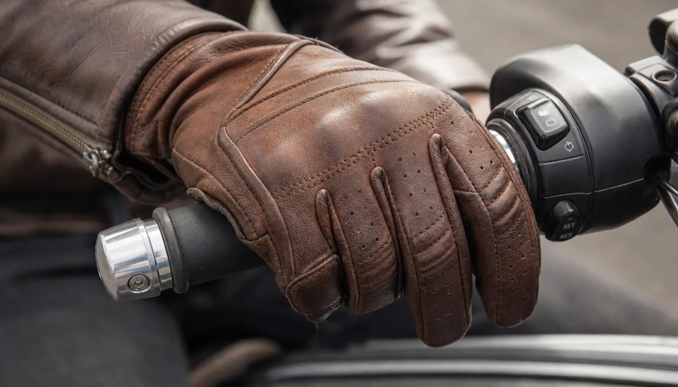 A close-up of a rider flexing a gloved hand on a motorcycle grip