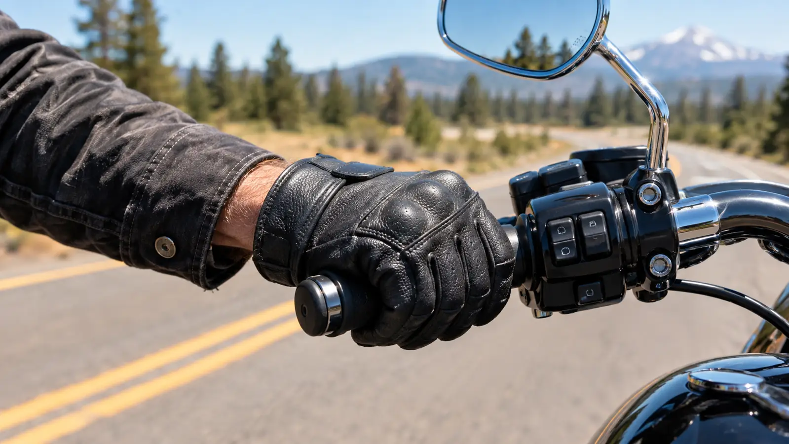 Close view of a rider's hand in a black leather motorcycle glove gripping the handlebar of a touring bike