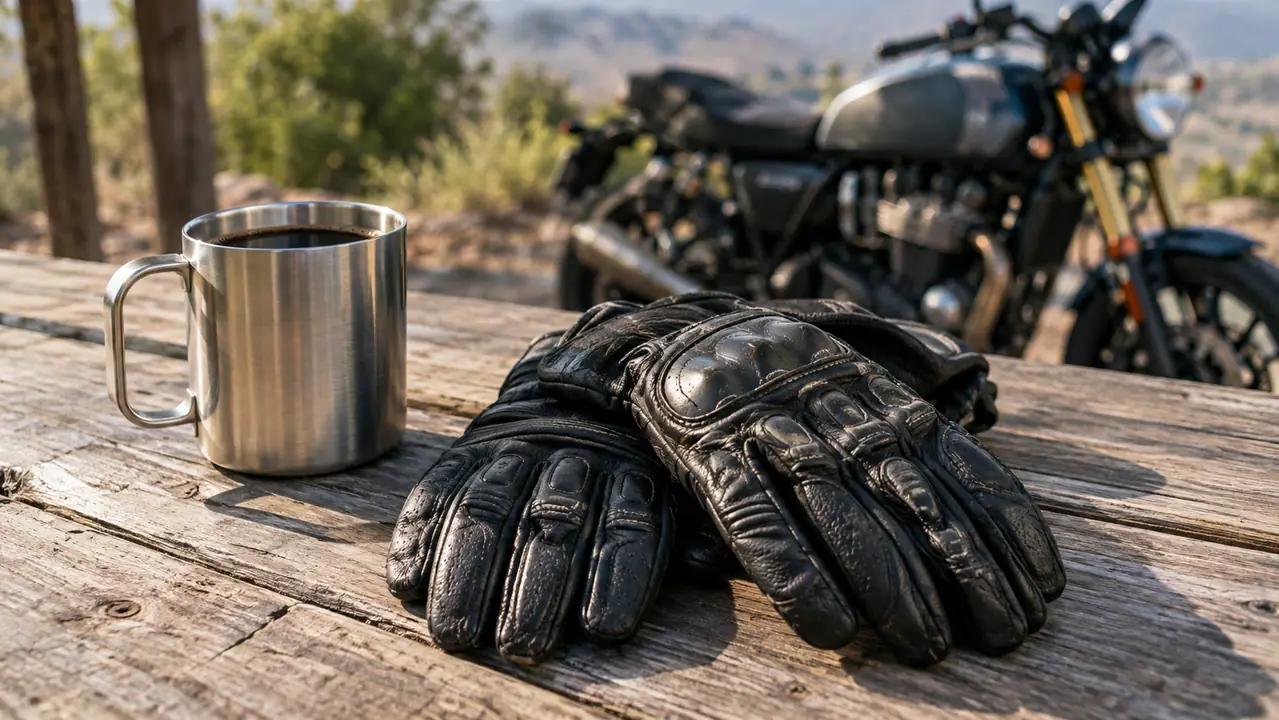 A rider's hands resting on a picnic table after a long ride, the black leather gloves laid out beside a coffee cup