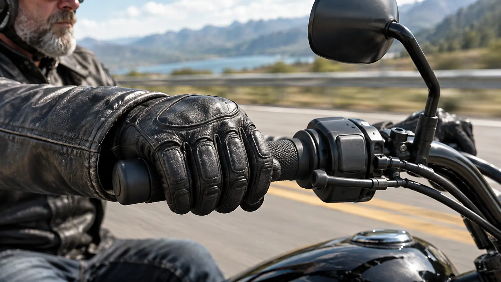 A rider's hand in a leather motorcycle glove gripping a motorcycle handlebar on a highway