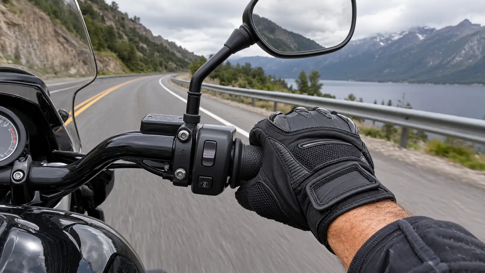 A rider's hand in a leather sport glove gripping a motorcycle grip, highway visible ahead