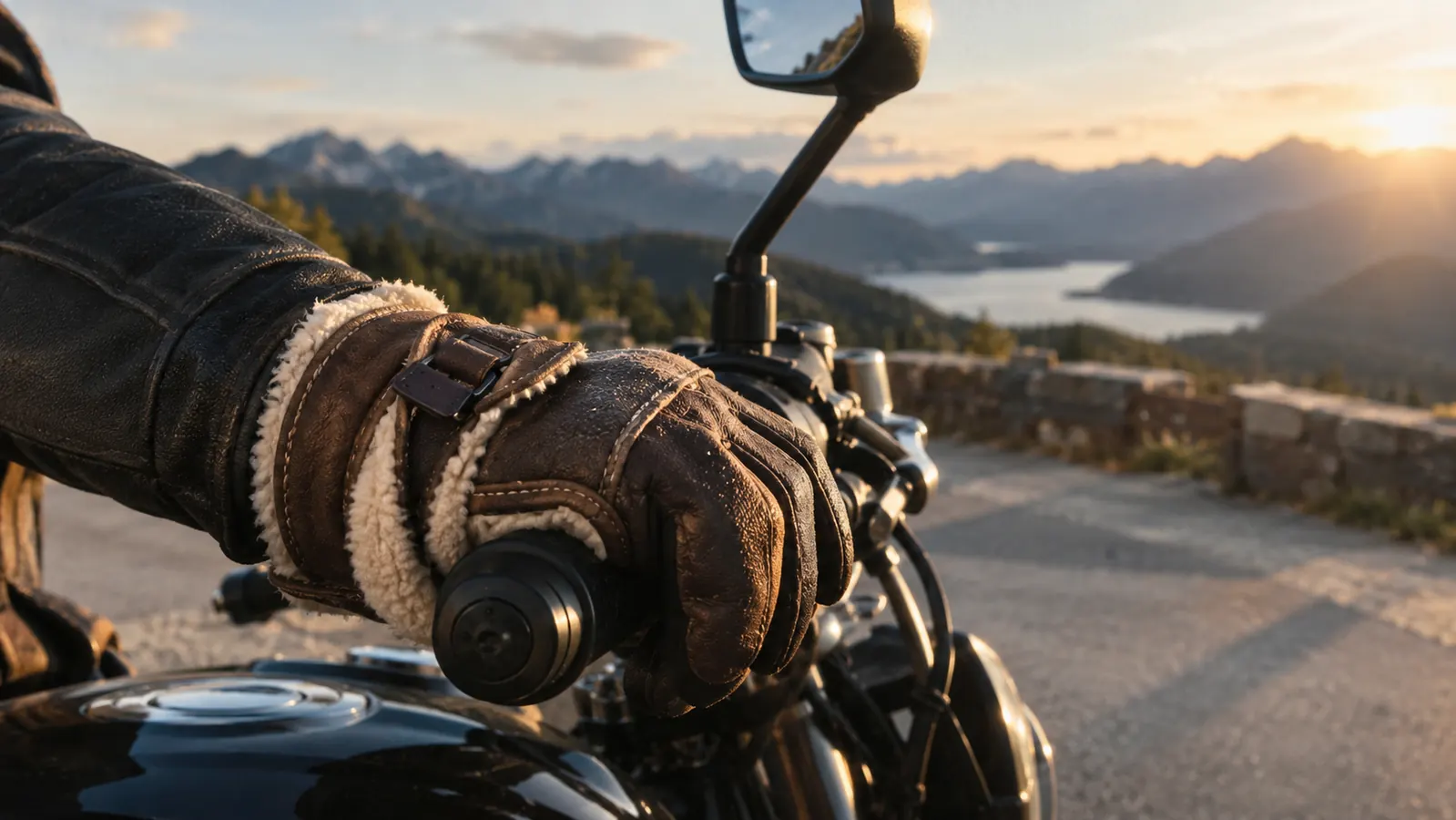 A rider's hand in a sheepskin touring glove resting on a motorcycle grip at a roadside rest stop