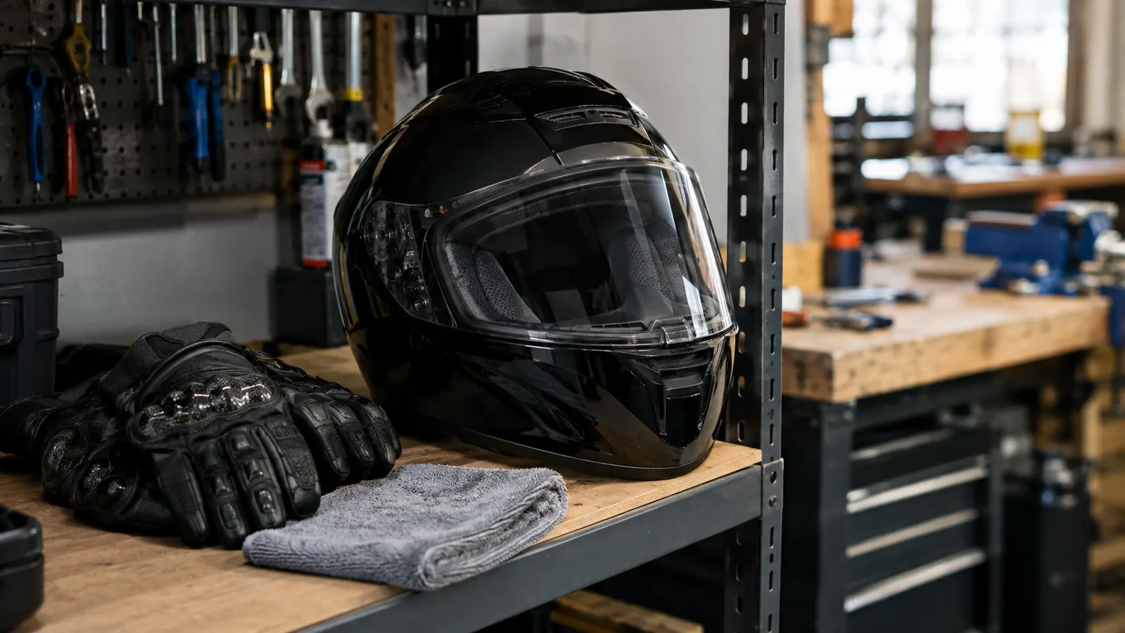 A full-face helmet on a shelf in a garage next to riding gloves and a microfiber cloth