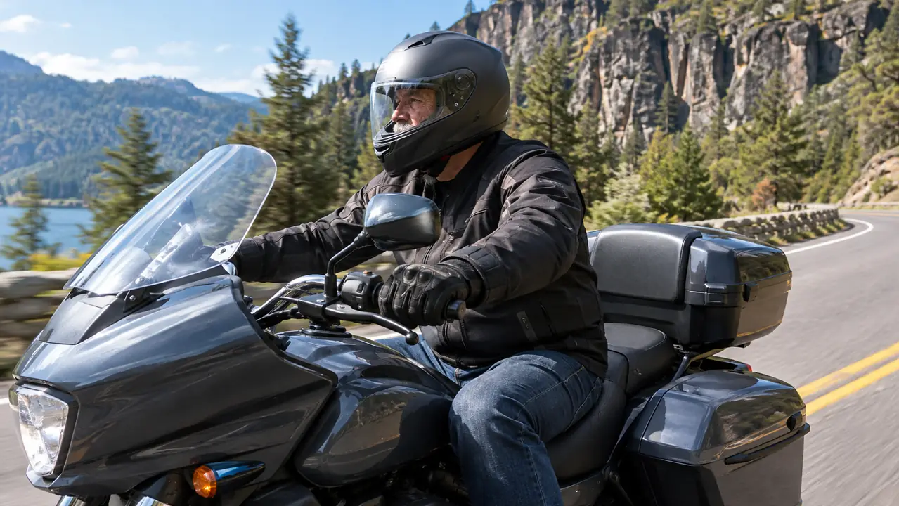 A rider wearing the full-face helmet on a touring motorcycle on a mountain highway.