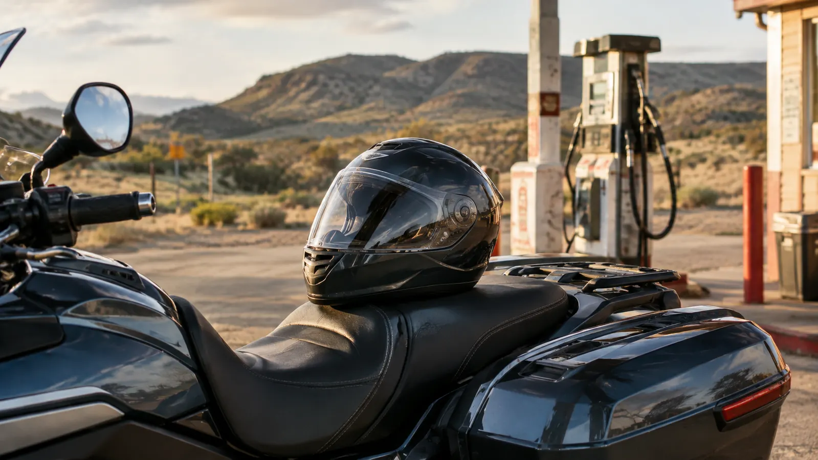 A full-face helmet resting on a motorcycle seat at a rural gas station in the high desert.