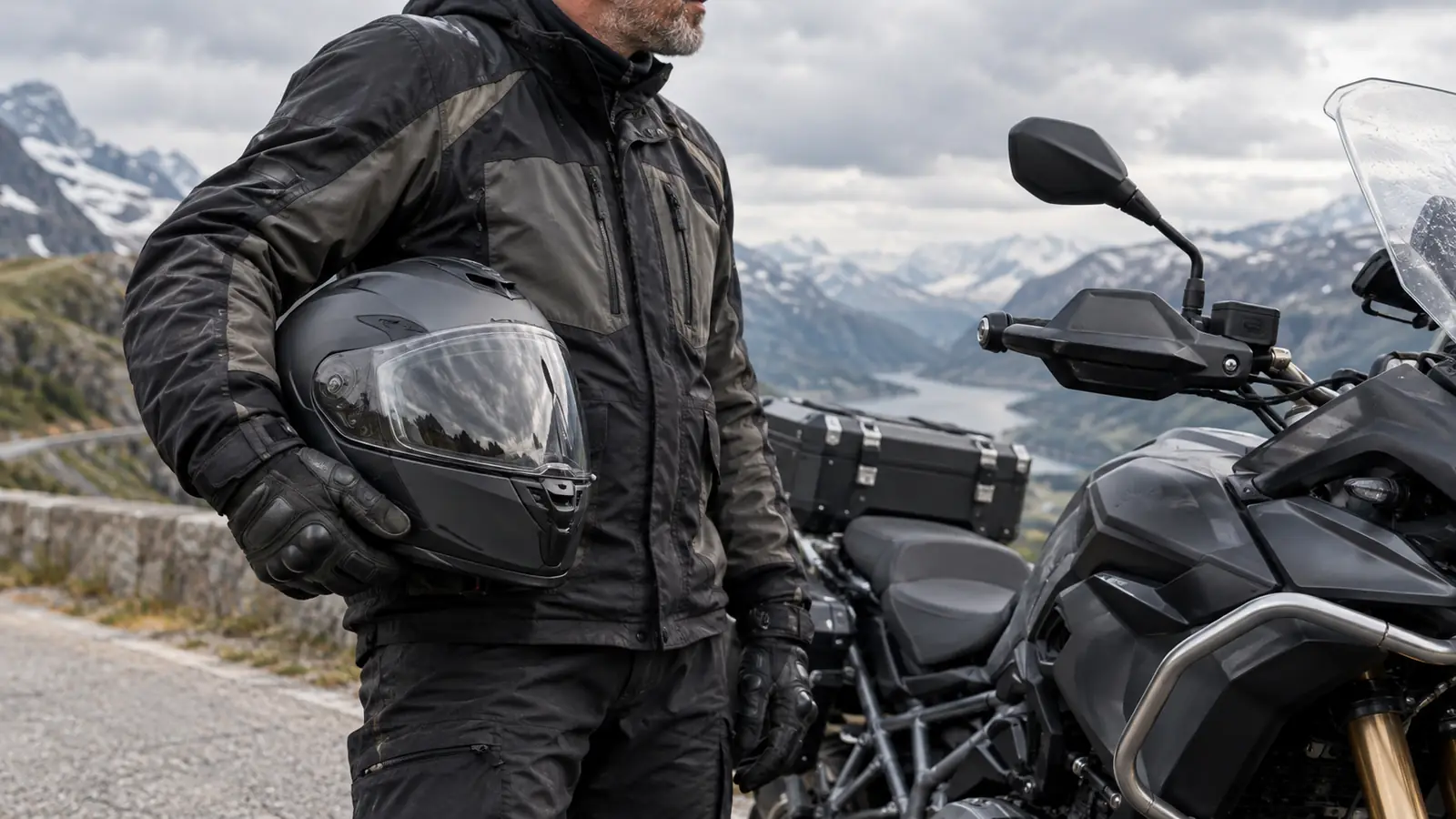 A rider's gloved hand holding a full-face motorcycle helmet beside the bike