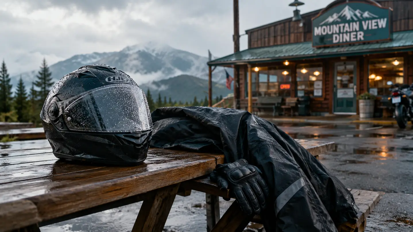 A motorcycle helmet resting on a picnic table with rain gear drying nearby