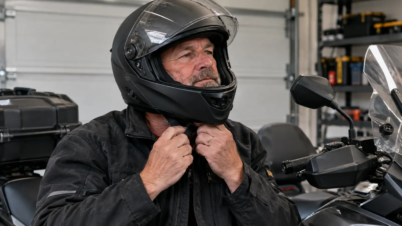 Rider's hands fastening the chin strap of a full-face motorcycle helmet before a ride.