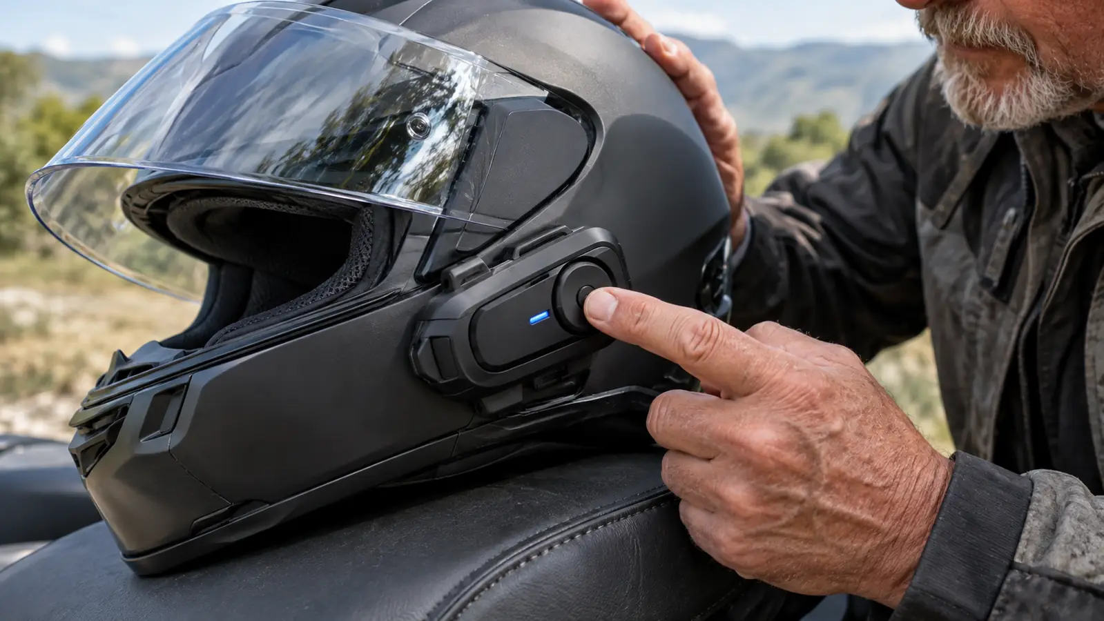 A hand pressing the main button on a communicator unit mounted to the side of a helmet