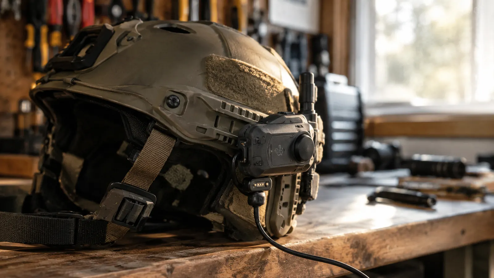A helmet with a communicator unit on the side resting on a garage workbench, with a small charging cable attached