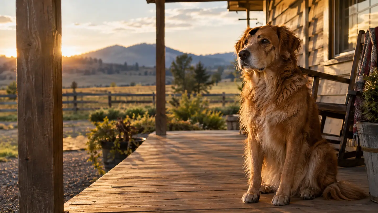 A dog sitting on the porch of a ranch house in the late afternoon