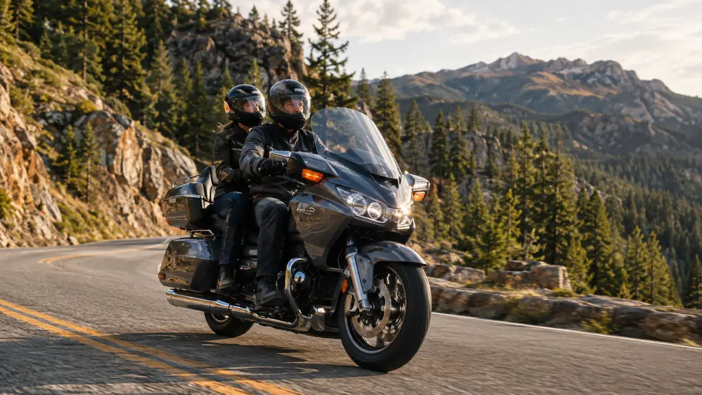 A rider and passenger on a touring motorcycle riding through a mountain pass, late afternoon light