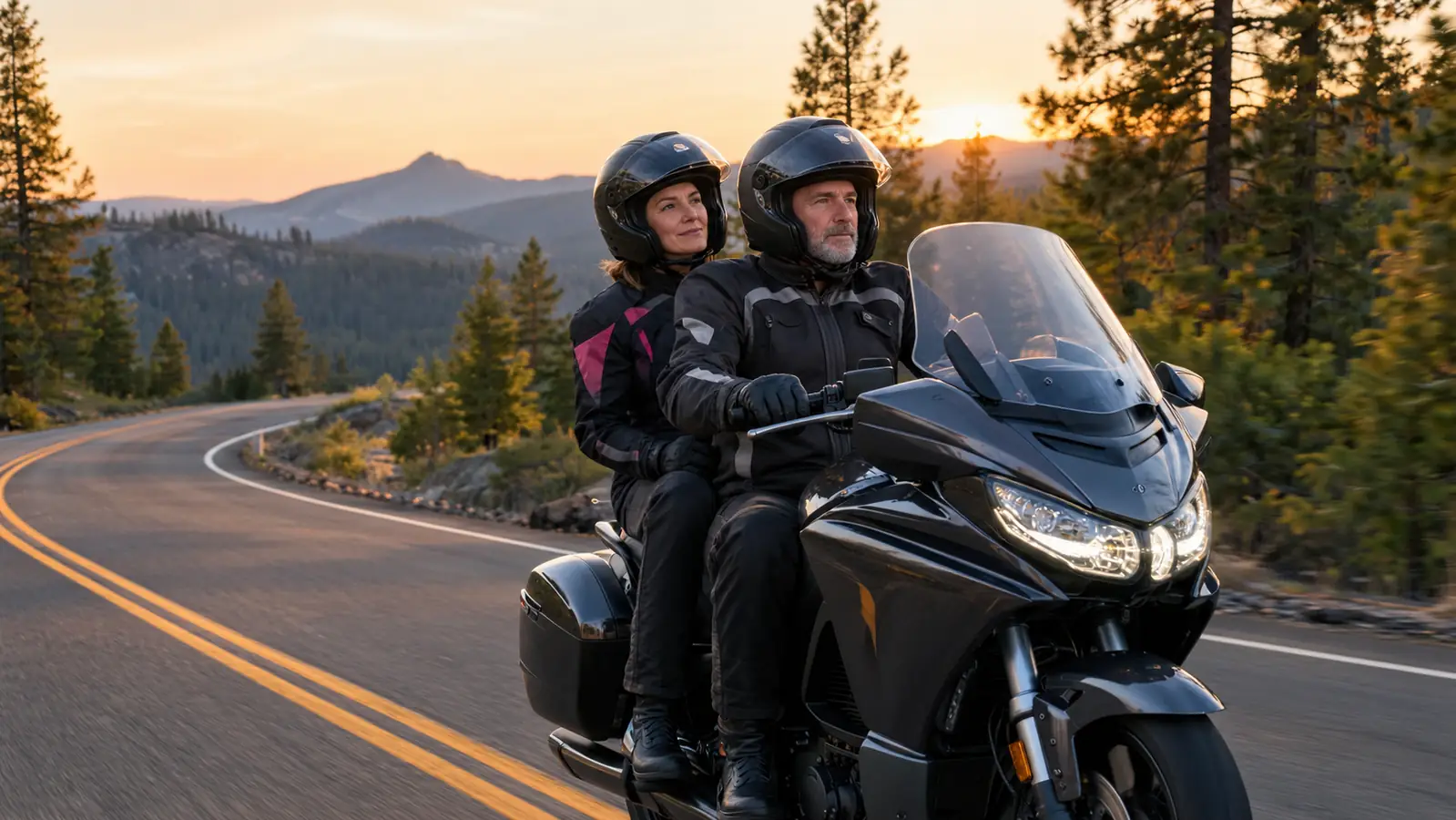 A rider and passenger in full riding gear on a touring motorcycle on a winding pine-lined mountain highway at golden hour