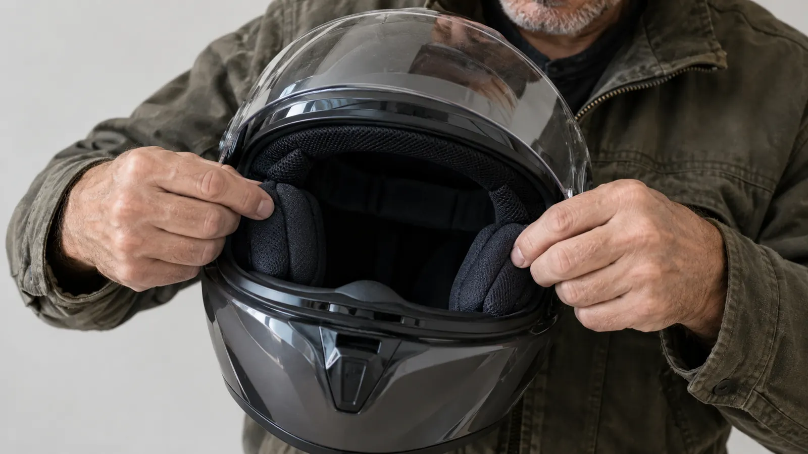 A pair of hands adjusting the cheek pads on a full-face helmet held at chest height