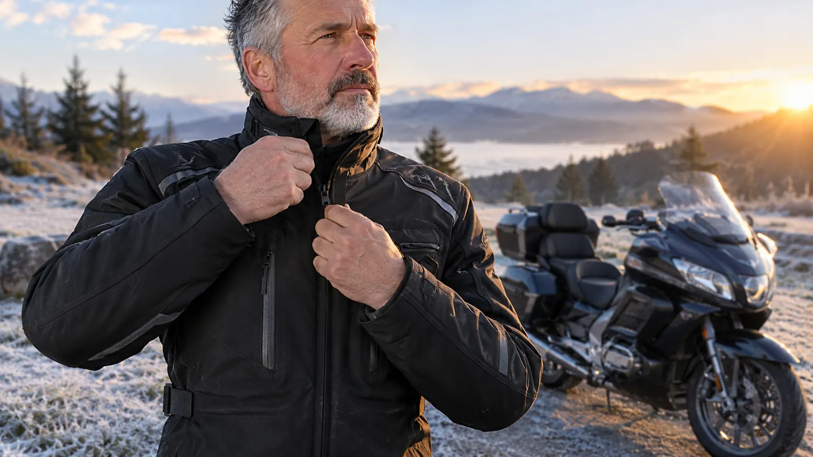 Rider zipping the collar of a textile motorcycle jacket before a cold morning ride