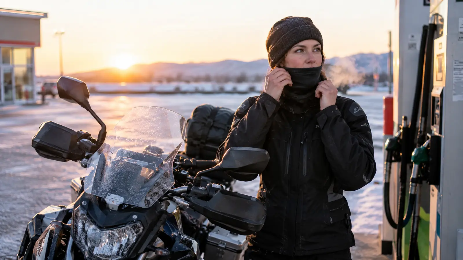 Rider pulling a neck gaiter up over the chin at a gas stop in cold morning light