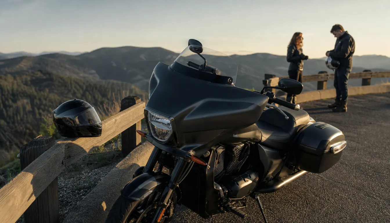 A motorcycle and a second helmet parked side by side on a scenic overlook, suggesting two riders getting ready to talk