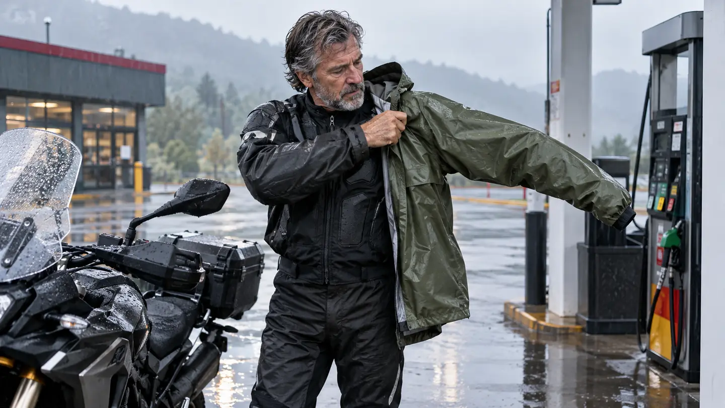 A rider pulling on the rain suit over a riding jacket, with the first sleeve on and the zipper open