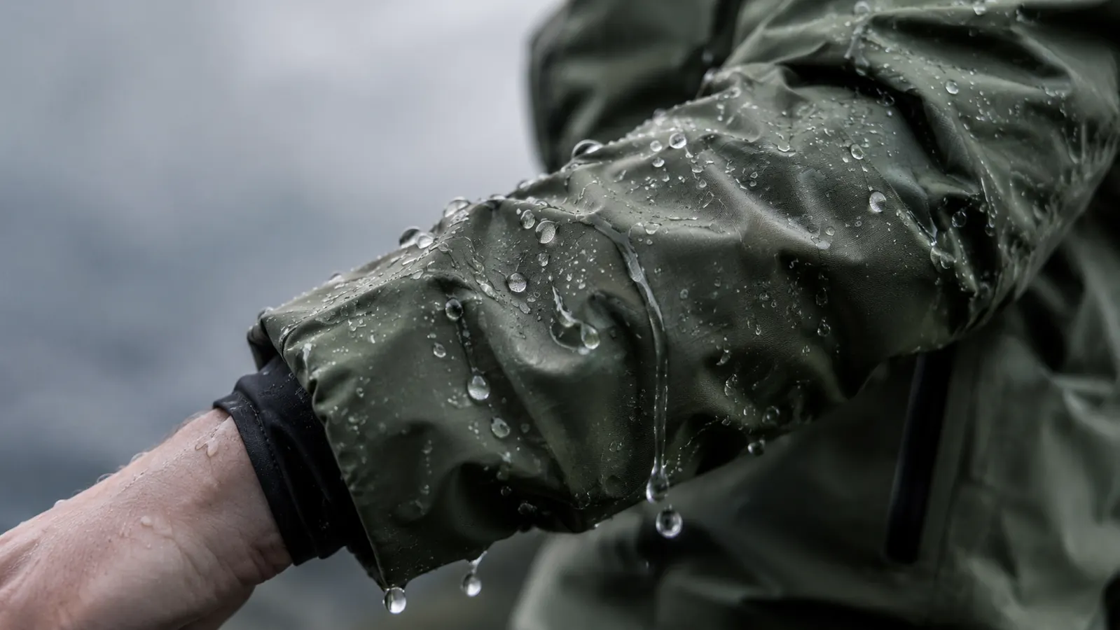 A close view of rain beading on the sleeve of a motorcycle rain suit