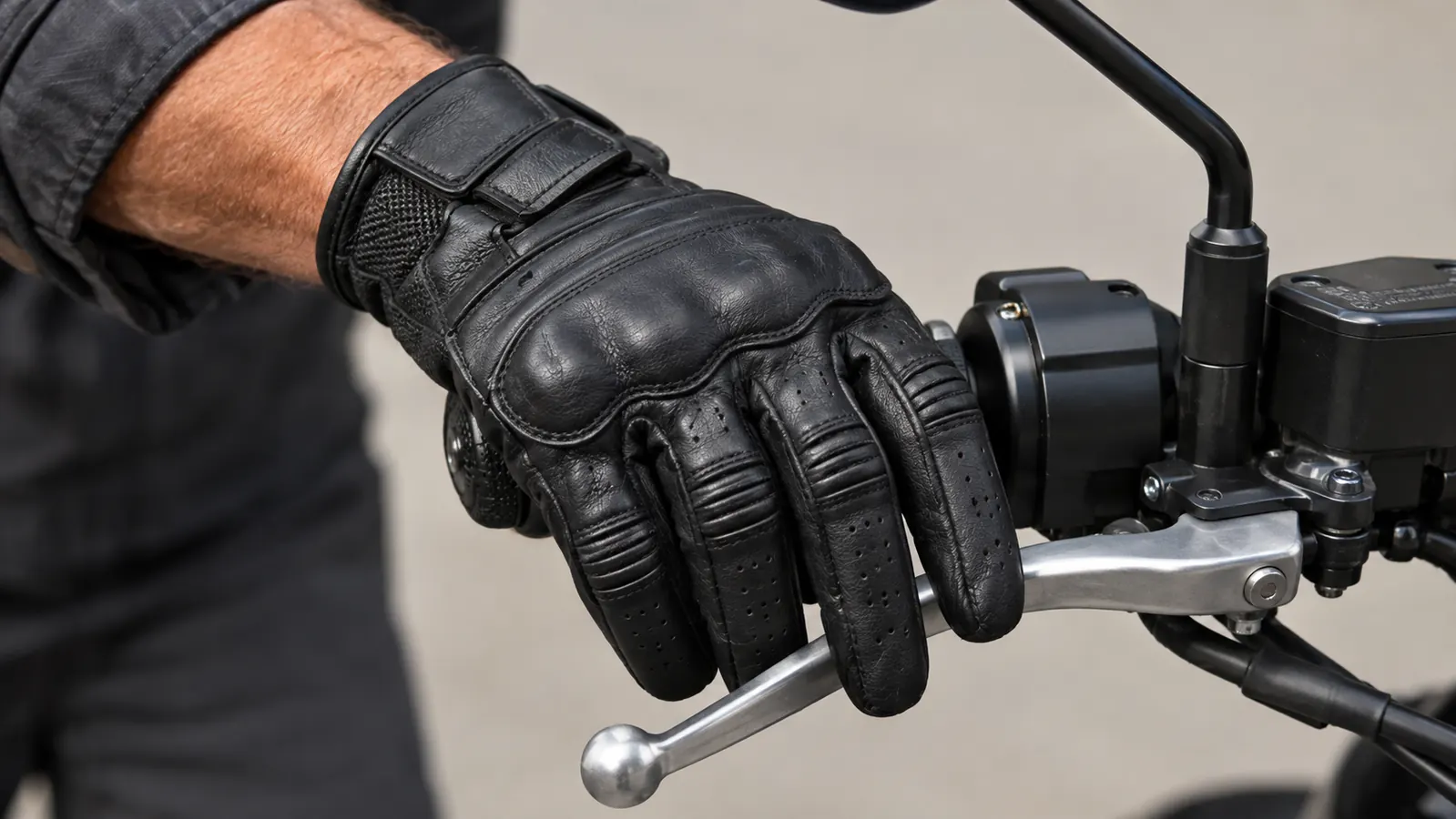Close-up of a hand in a leather motorcycle glove reaching for a brake lever