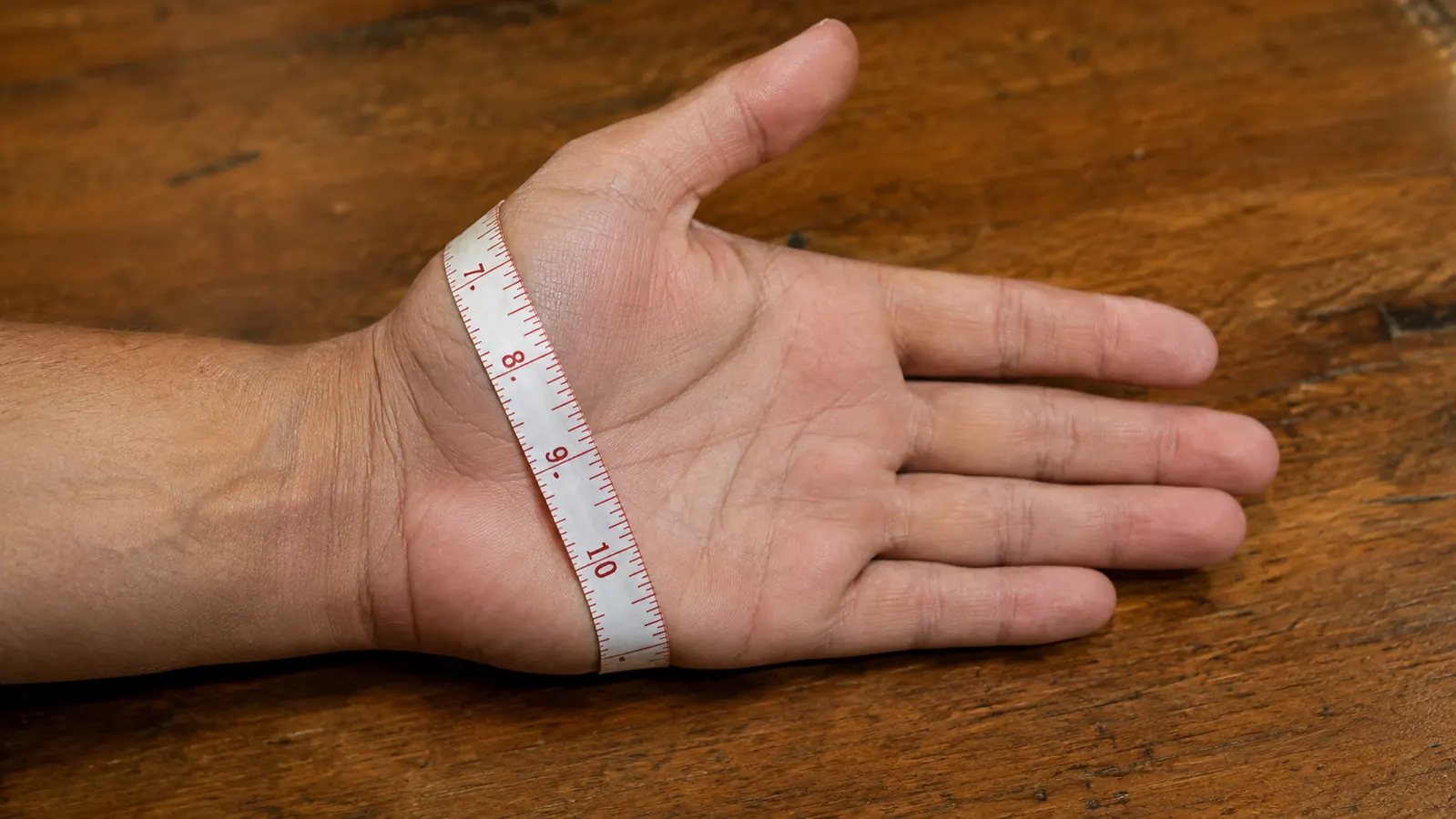 A hand laid flat on a wooden table with a soft fabric measuring tape wrapped around the widest part of the palm