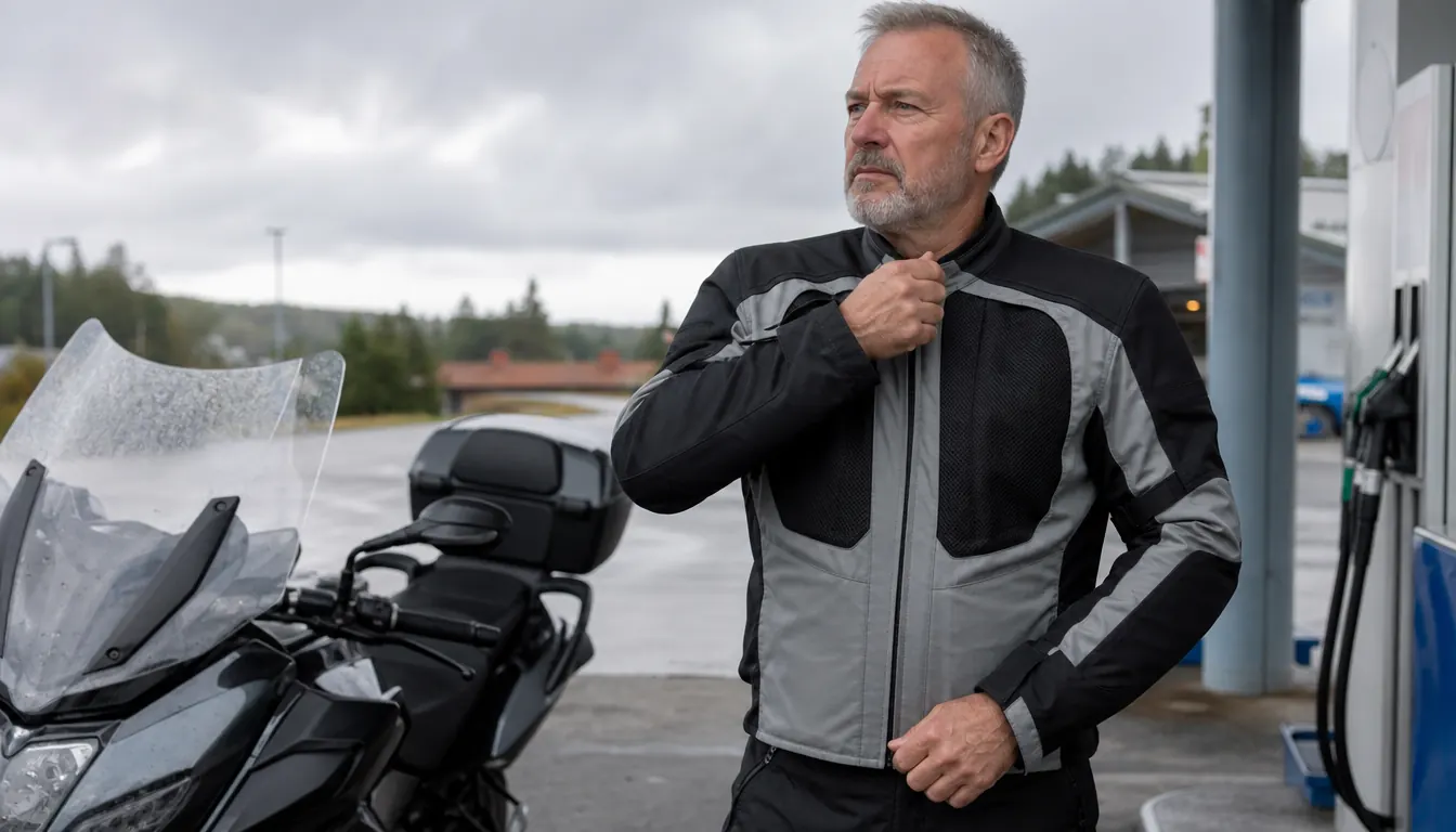 Rider zipping up the Joe Rocket Atomic 5.0 jacket at a fuel stop before a ride