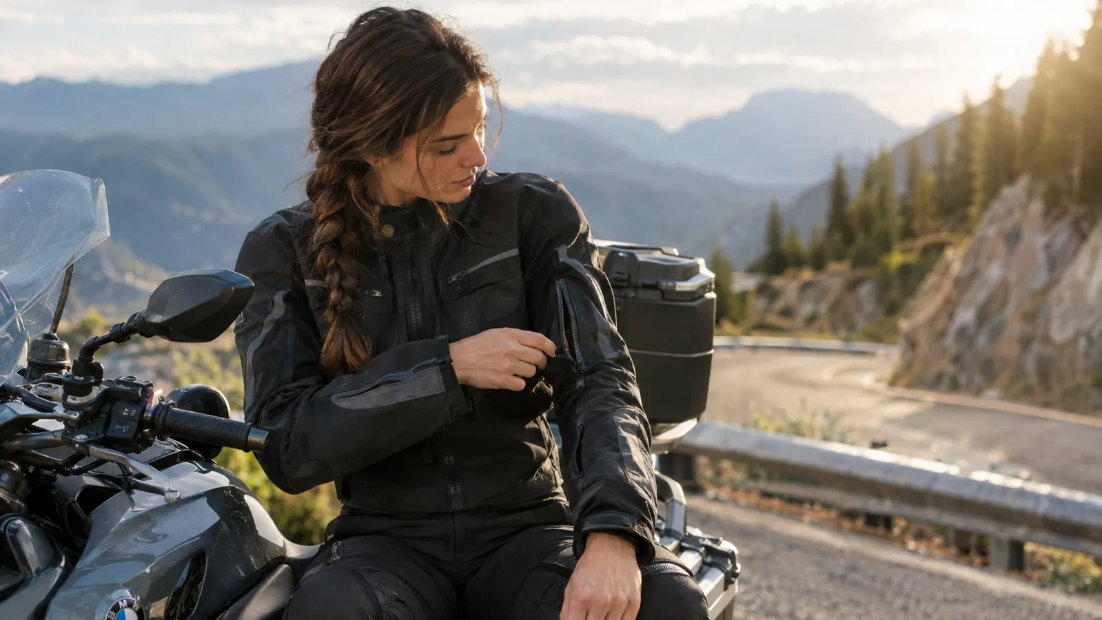 Rider sitting on a parked touring motorcycle and opening a sleeve vent zipper on a textile jacket