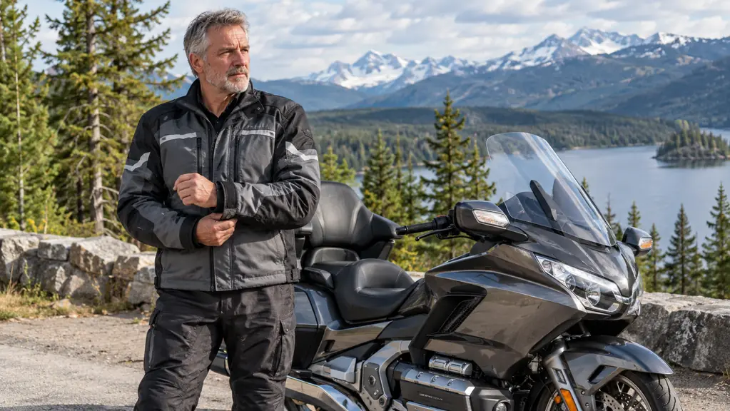 Rider in the Joe Rocket Atomic 5.0 jacket beside a Honda Gold Wing at a mountain pass