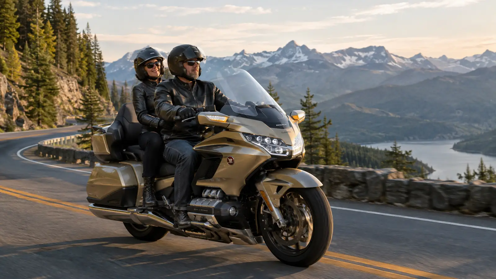 Gold Wing with rider and passenger on a curving mountain road in the Cascades