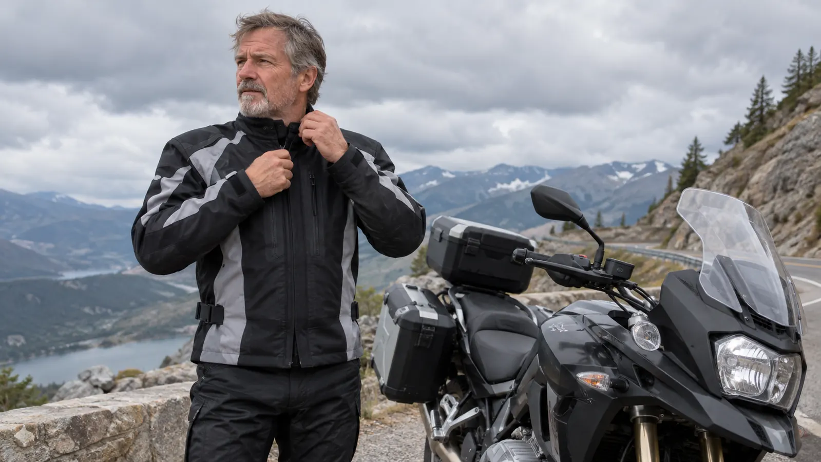 A rider in a textile motorcycle jacket standing next to a touring bike, one hand on the collar of the jacket