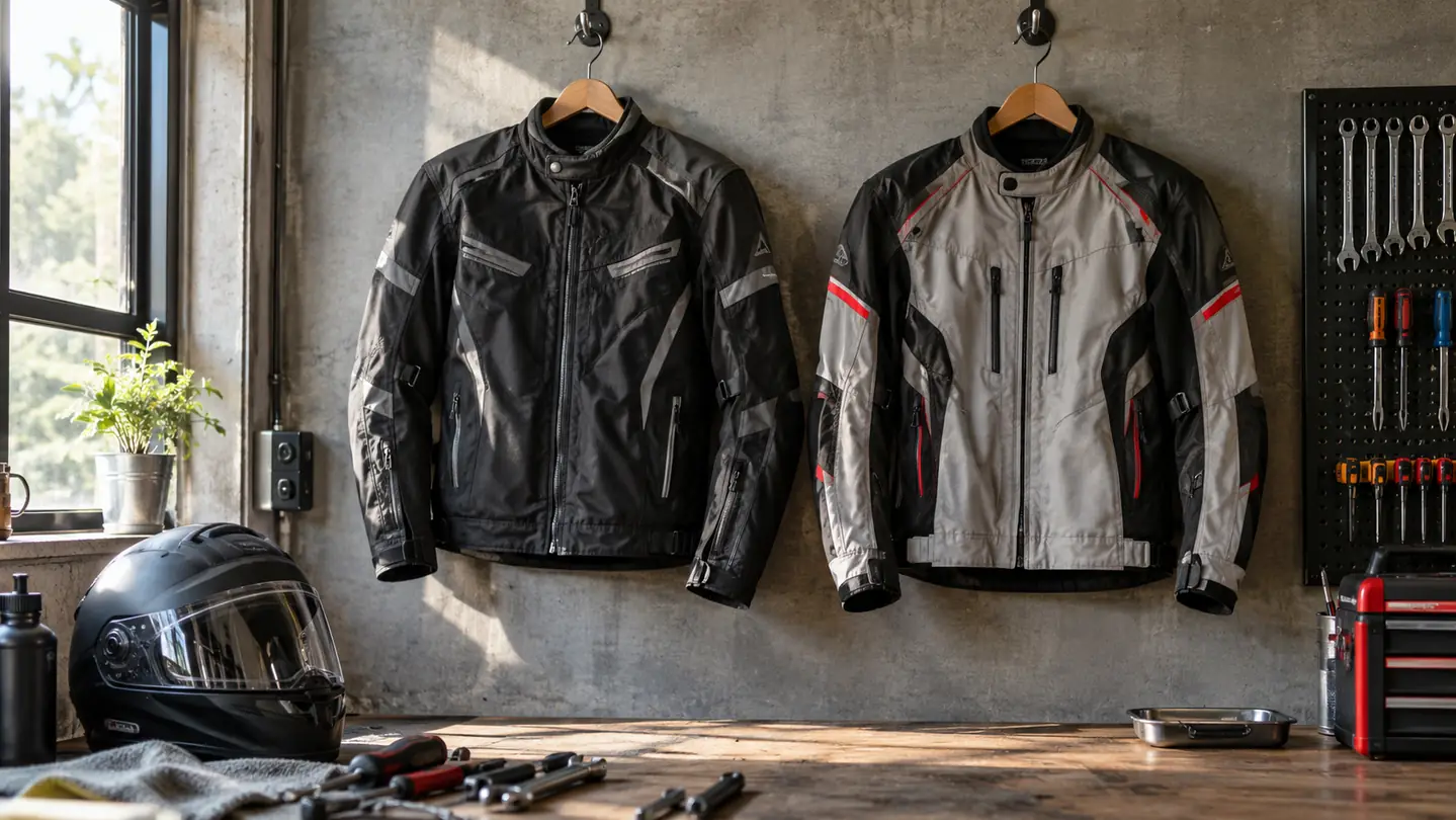 Two textile motorcycle jackets hanging side by side on a garage wall, with a workbench below and natural light from a window