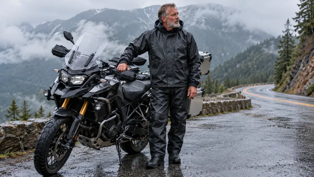 A rider in a yellow rain suit standing beside a touring motorcycle on a wet road