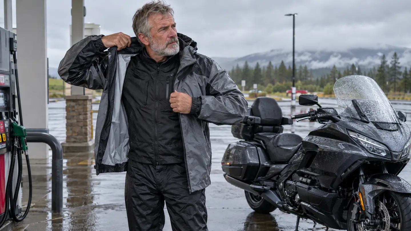 A motorcyclist pulling on a rain jacket over a riding jacket at a gas station in light rain