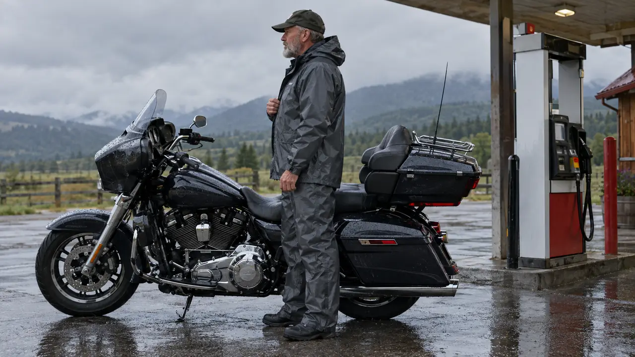 A rider in a rain suit standing next to a touring motorcycle at a gas stop, drizzle on the pavement
