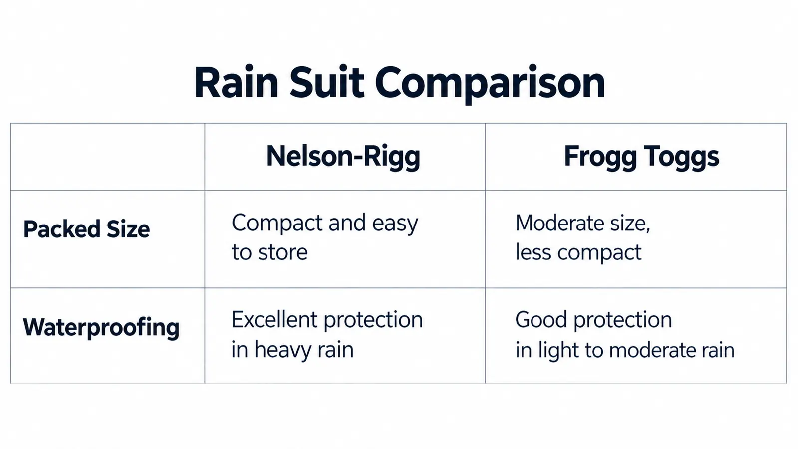 A simple chart comparing packed size and waterproofing for two rain suits